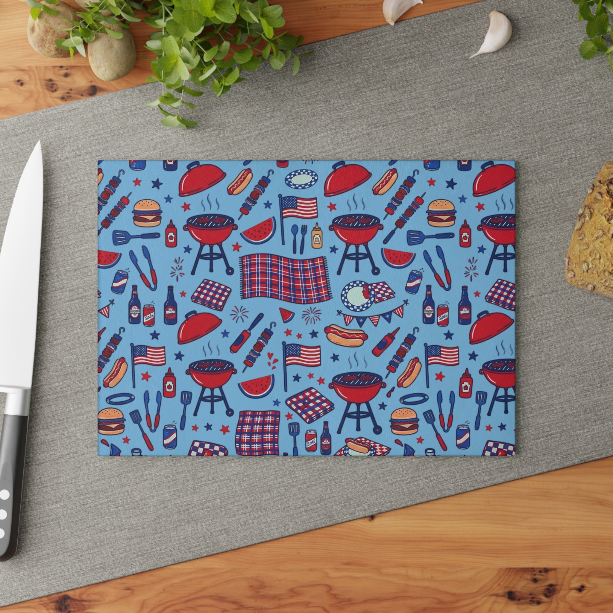 Summer BBQ Glass Cutting Board — Grilling & Entertaining Kitchen Gift