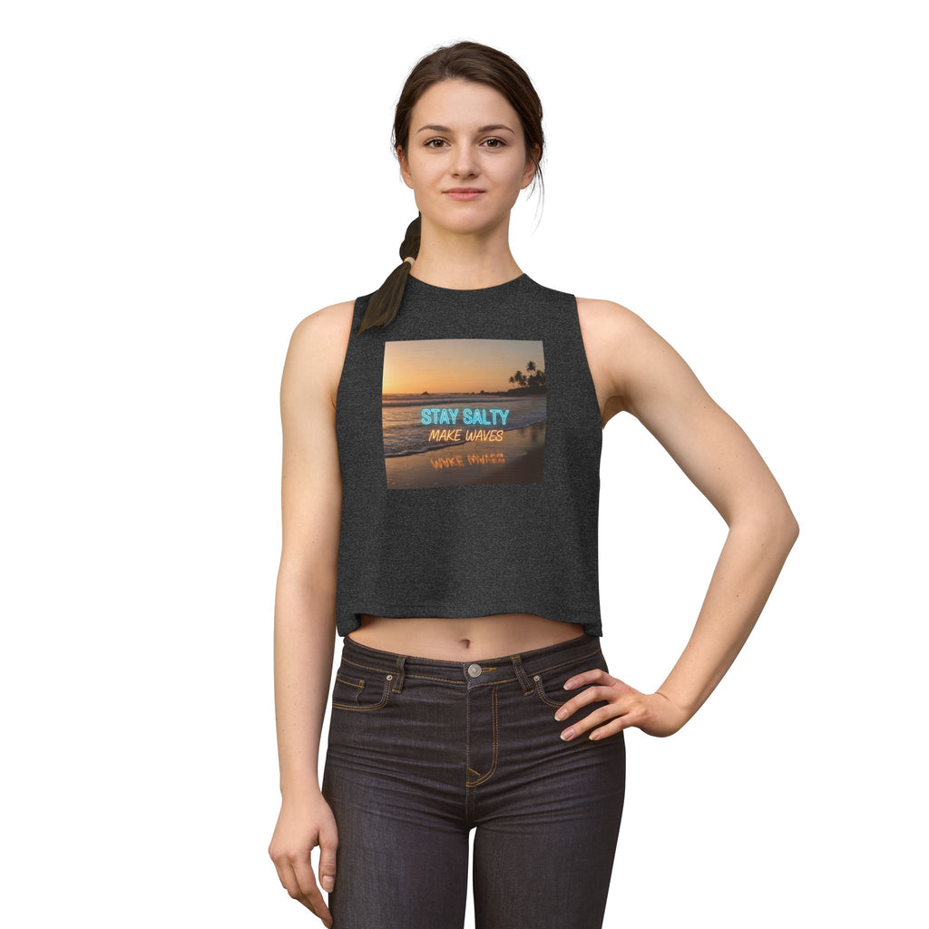 Stay Salty Crop Top — Beach Sunset Tank with "Stay Salty Make Waves" Graphic