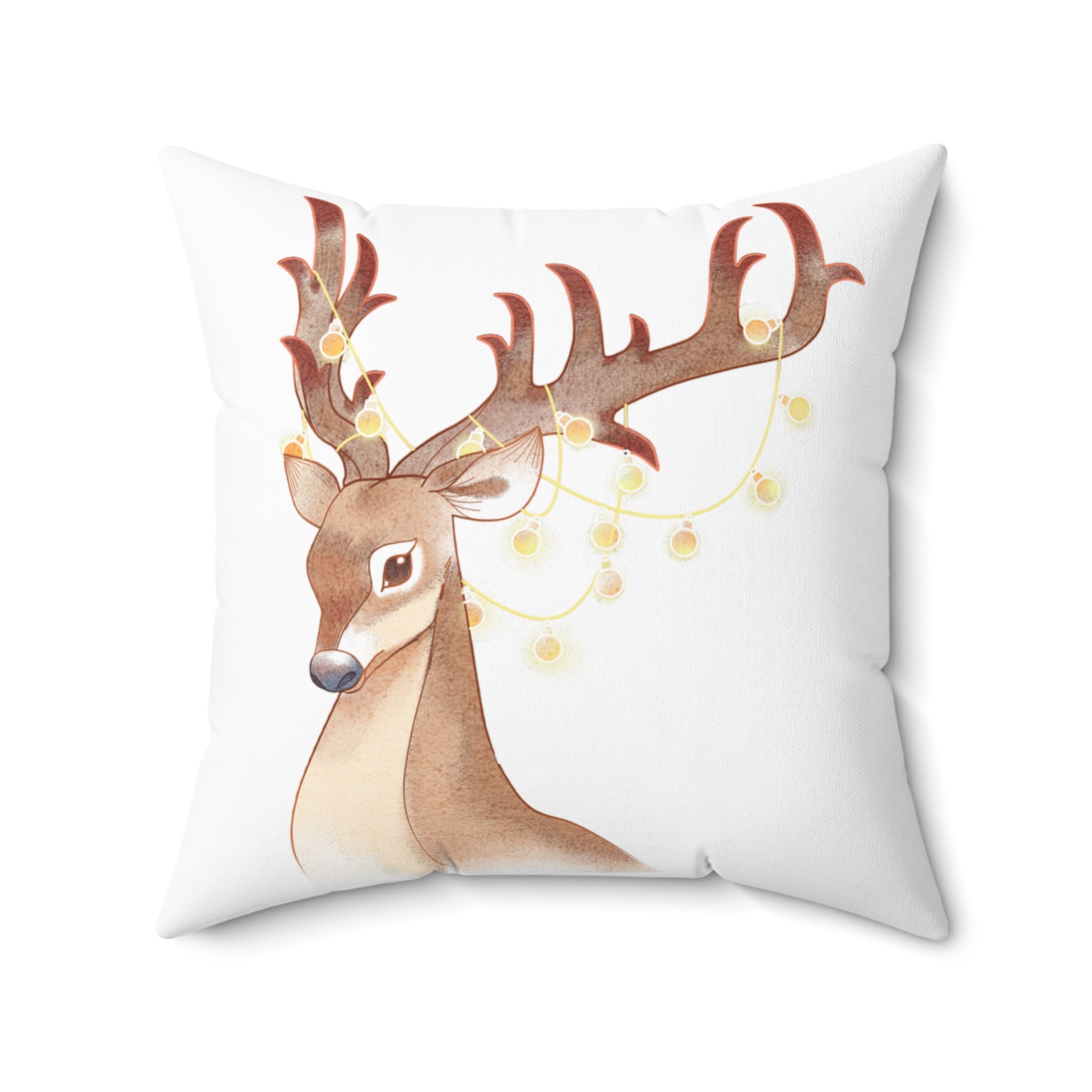 Watercolor Reindeer Pillow — Festive Deer Throw Pillow with String Lights