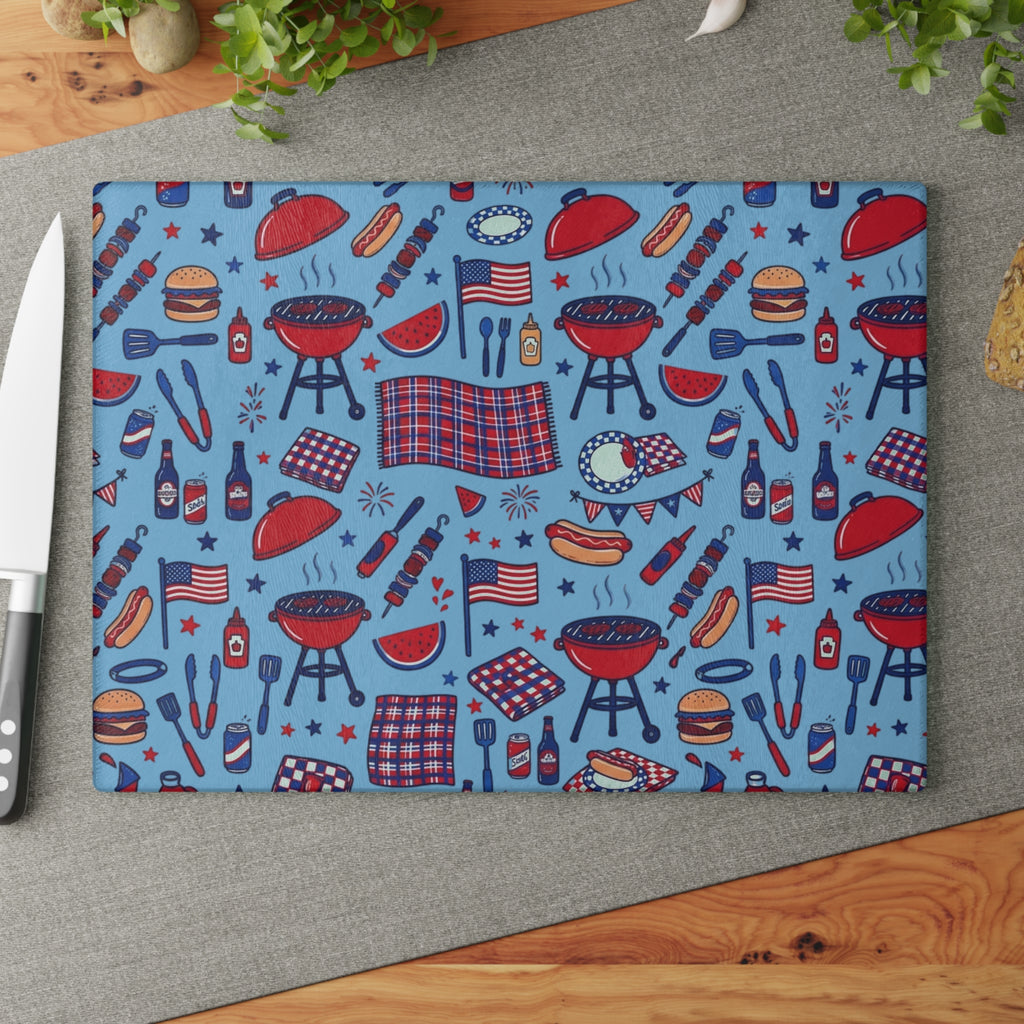 Summer BBQ Glass Cutting Board — Grilling & Entertaining Kitchen Gift