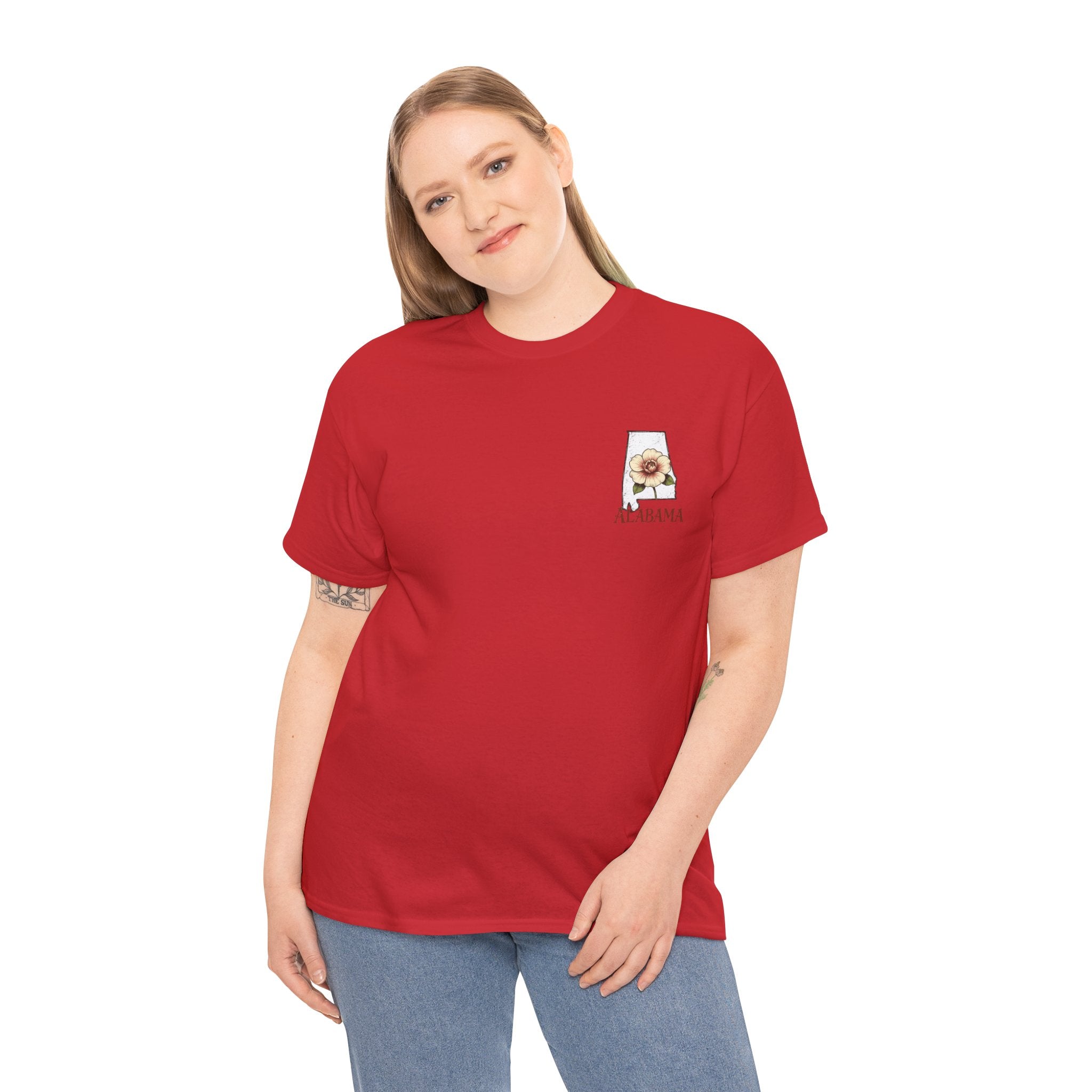 Alabama State Tee with Camellia Floral Design — Alabama Outline & State Flower Shirt