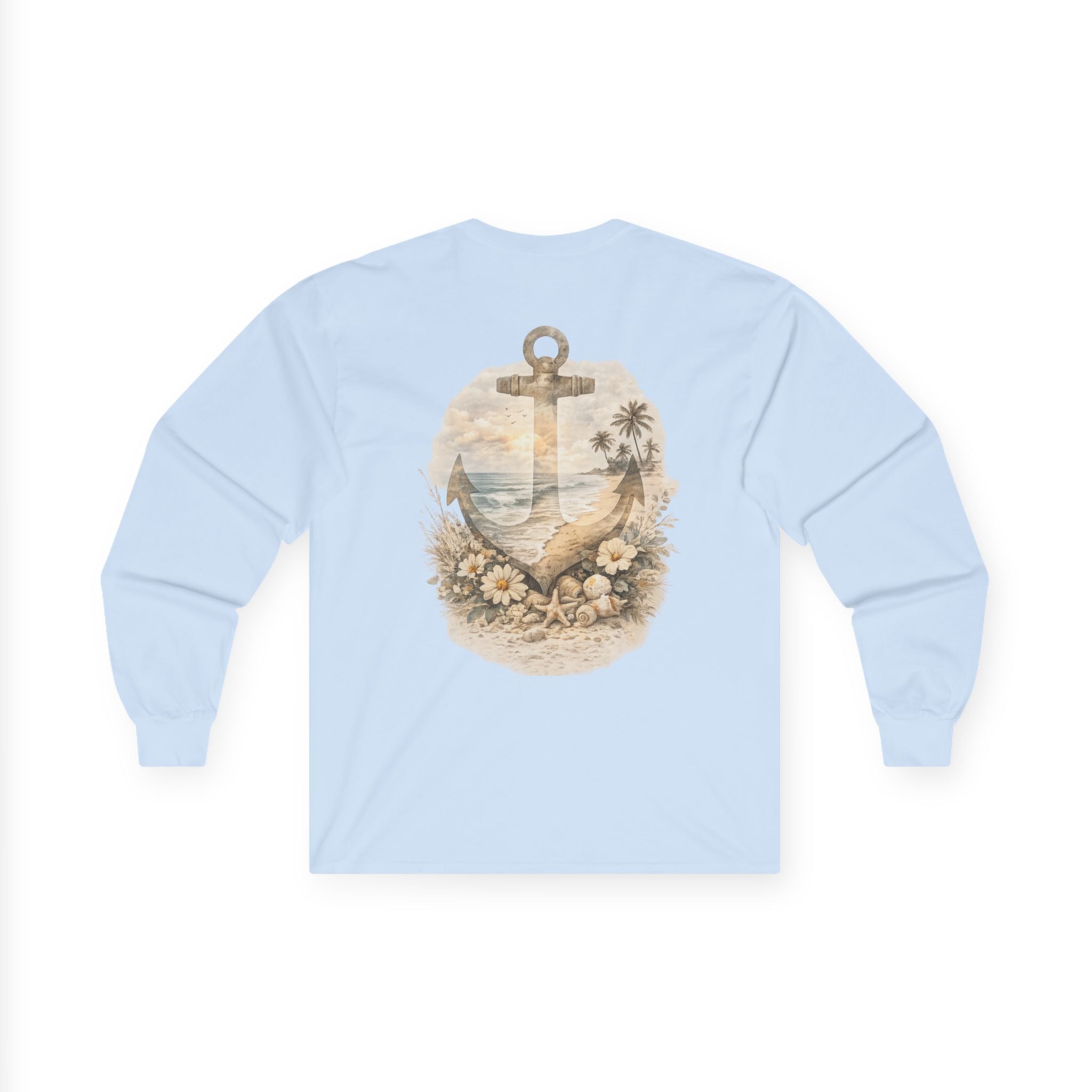 Anchor Beach Scene Long Sleeve Tee — Vintage Nautical Anchor & Sunset Graphic