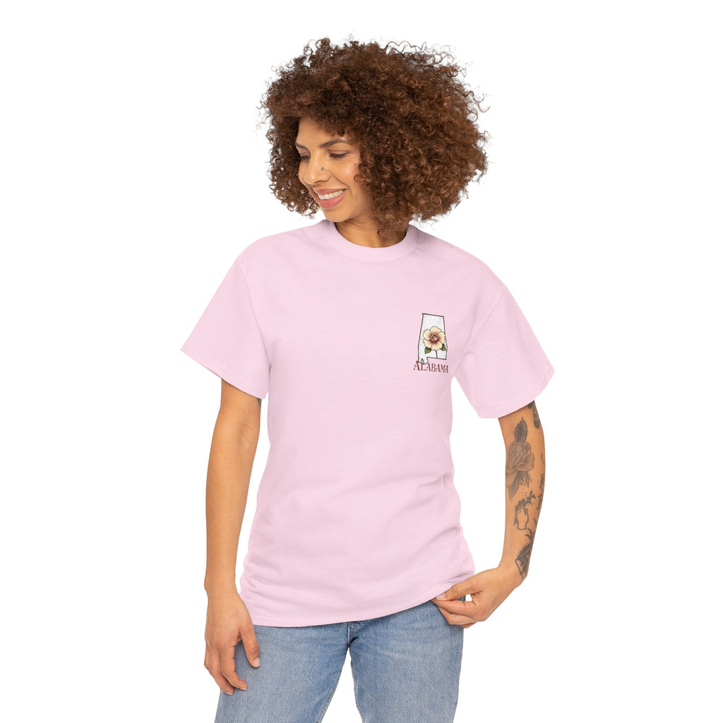 Alabama State Tee with Camellia Floral Design — Alabama Outline & State Flower Shirt