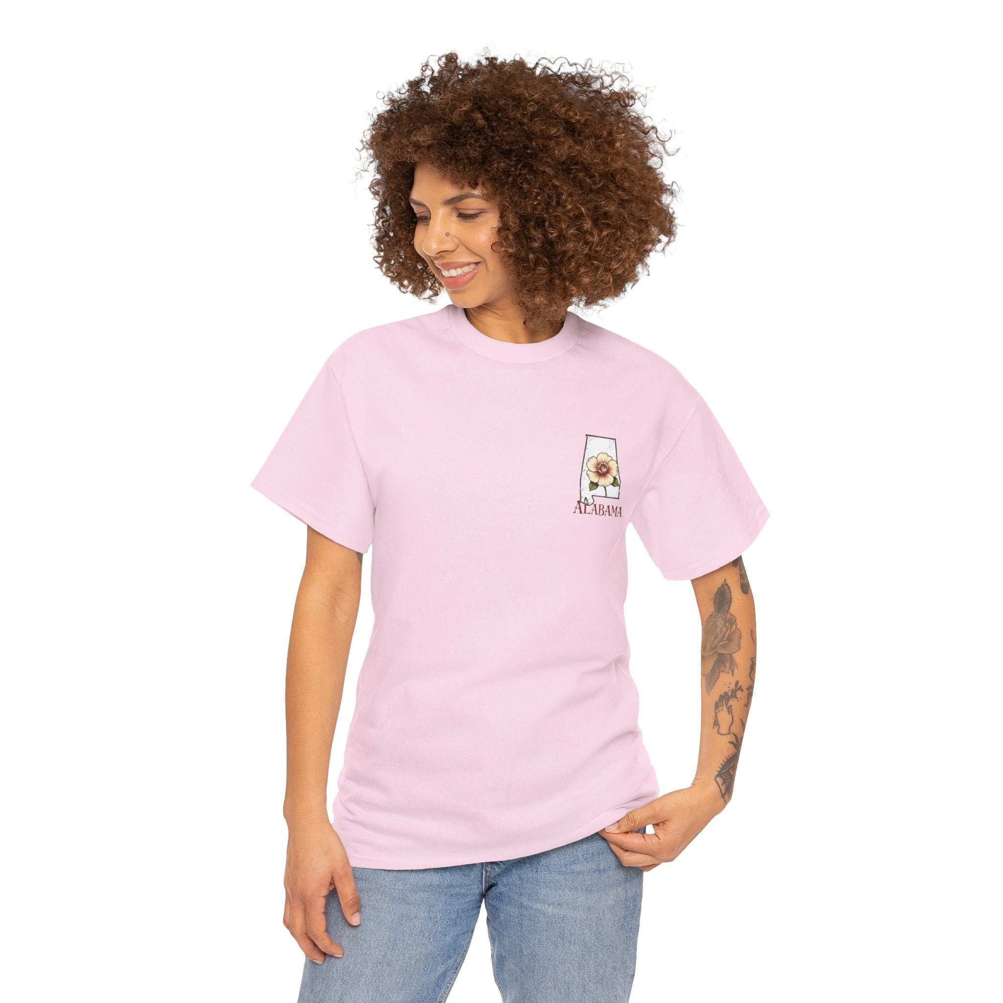 Alabama State Tee with Camellia Floral Design — Alabama Outline & State Flower Shirt
