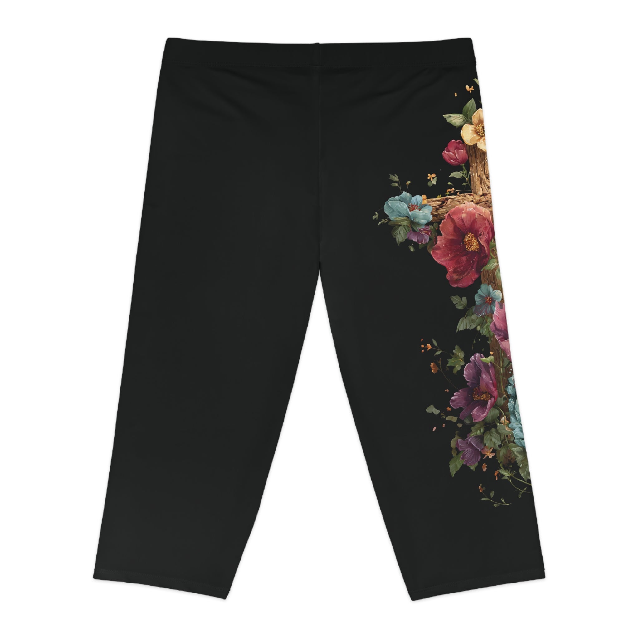 Floral Capri Leggings – Black Vintage Bouquet Print | Women’s Knee-Length Yoga & Workout Leggings