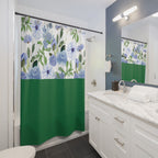 Blue Floral Shower Curtain with Emerald Green Block – Watercolor Roses & Wildflowers