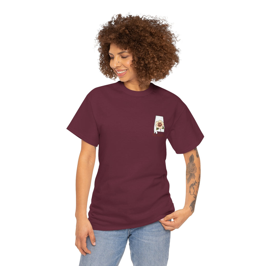 Alabama State Tee with Camellia Floral Design — Alabama Outline & State Flower Shirt