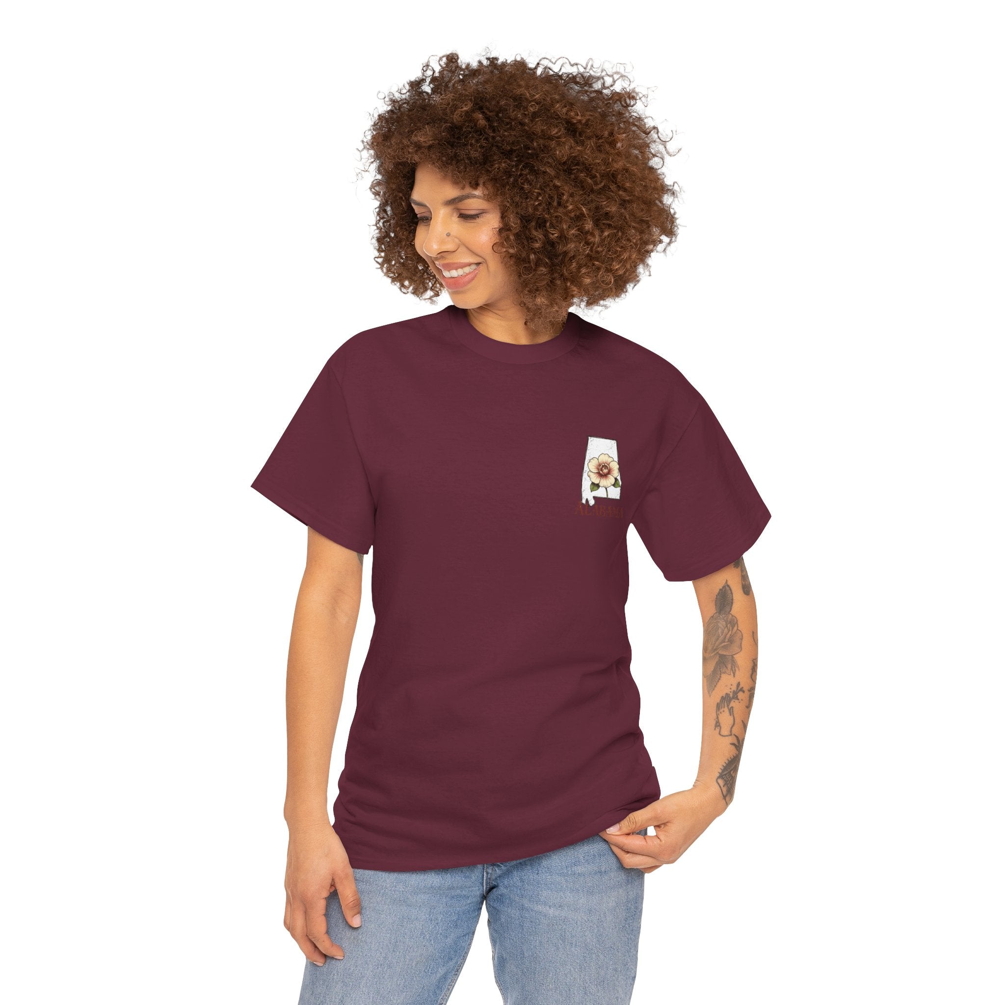 Alabama State Tee with Camellia Floral Design — Alabama Outline & State Flower Shirt
