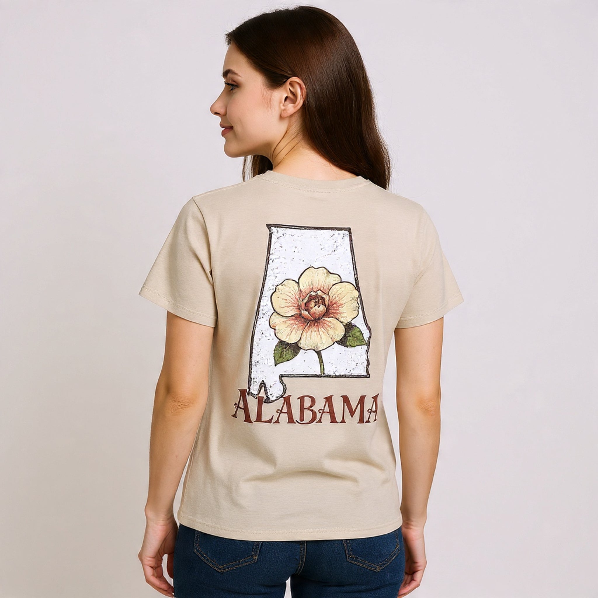 Alabama State Tee with Camellia Floral Design — Alabama Outline & State Flower Shirt